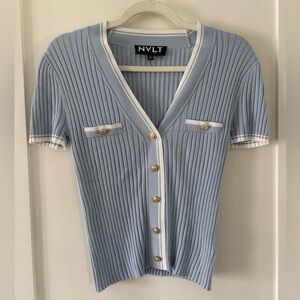 NVLT ribbed short sleeve cardigan sweater blue with gold buttons XS
